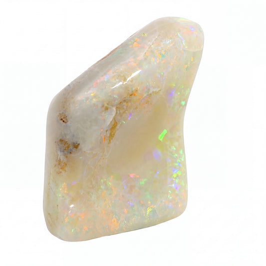 A polished natural opal stone with a smooth, irregular shape, displaying a creamy off-white base with vibrant, shifting iridescent flashes of green, orange, and purple. The stone is photographed on a seamless white background.