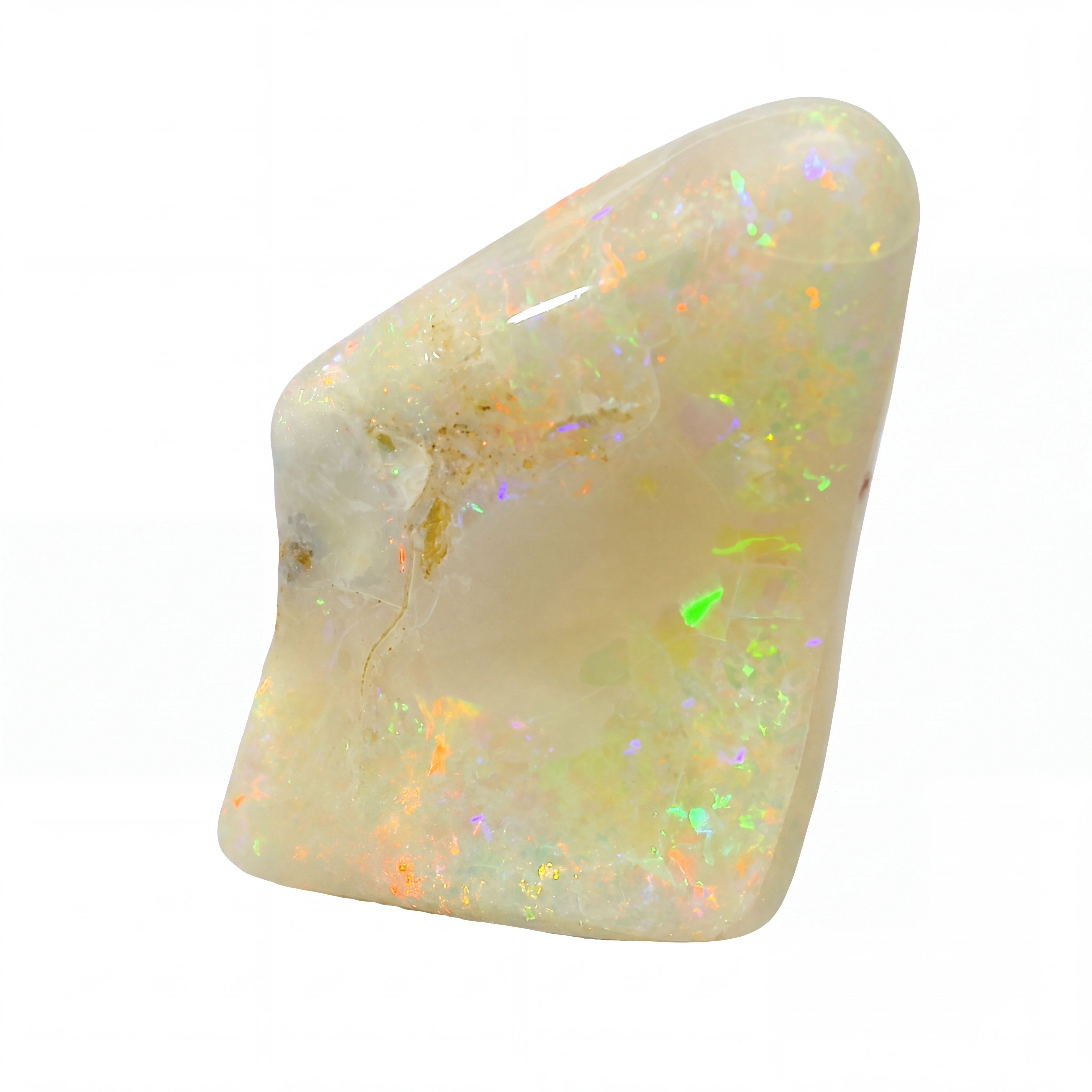A polished white opal stone with vibrant iridescent flashes of green, orange, and blue, set against a plain white background.