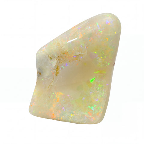 A polished white opal stone with vibrant iridescent flashes of green, orange, and blue, set against a plain white background.