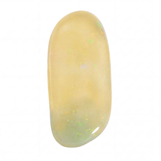 A polished, teardrop-shaped cabochon gemstone with a creamy yellow colour and subtle iridescent flashes of green and blue, set against a solid white background.