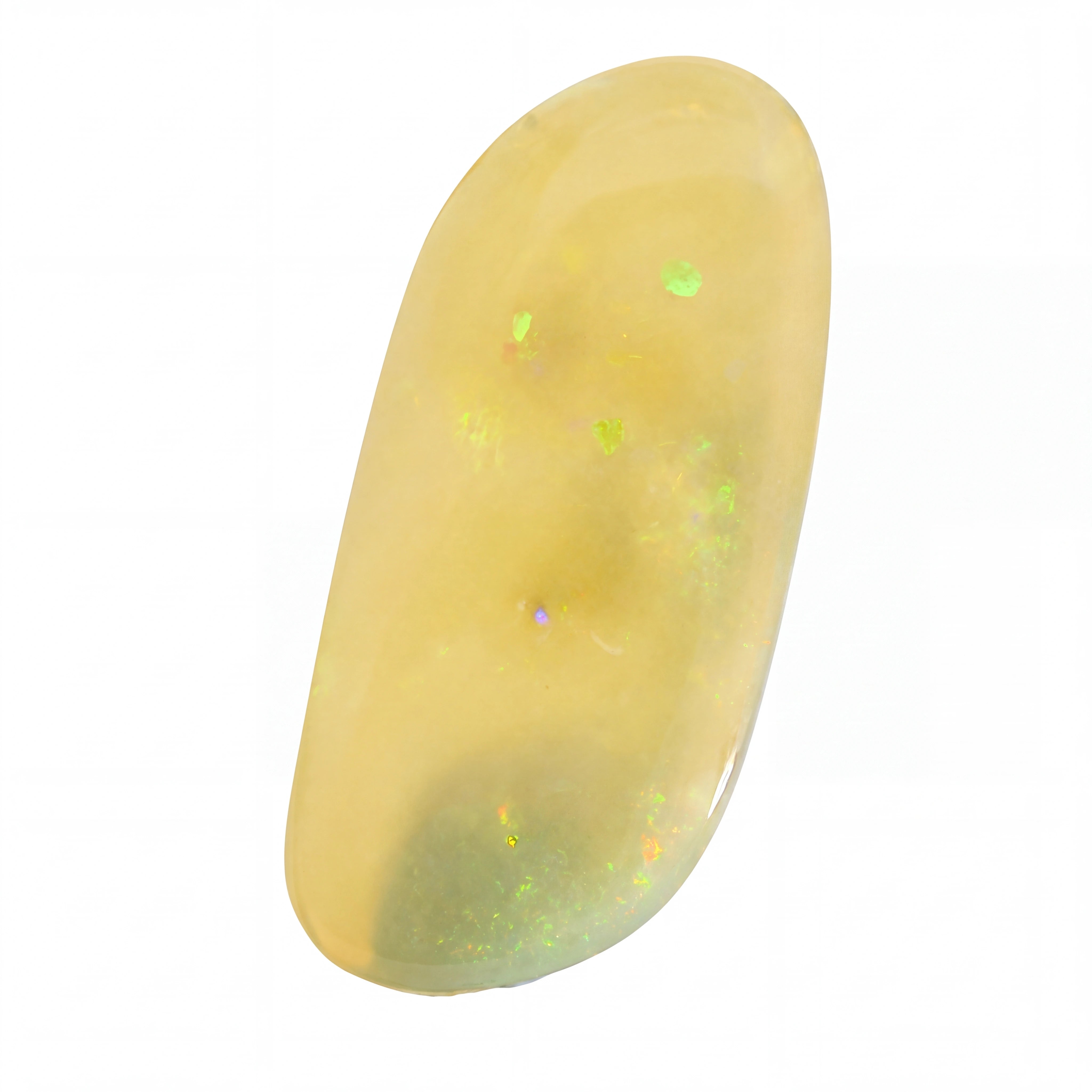 A polished cabochon gemstone with a smooth, rounded teardrop shape, featuring a dominant pale yellow body with vibrant, shifting internal flashes of green, orange, and blue. Photographed on a clean white background.