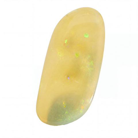 A polished cabochon gemstone with a smooth, rounded teardrop shape, featuring a dominant pale yellow body with vibrant, shifting internal flashes of green, orange, and blue. Photographed on a clean white background.