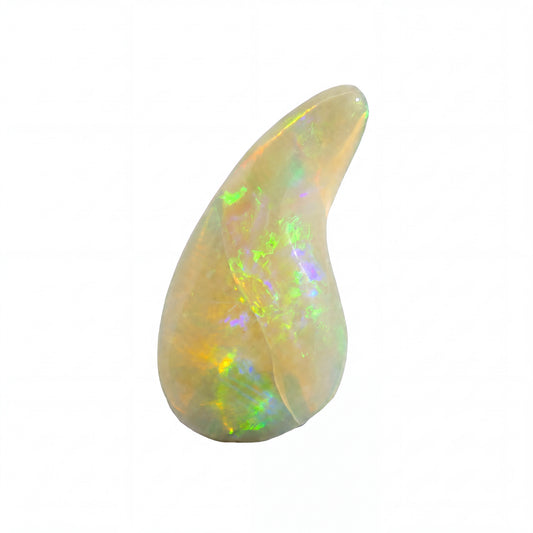 A teardrop-shaped loose opal gemstone with a milky white base and vibrant, shifting iridescent flashes of green, blue, yellow, and orange, set against a plain white background.