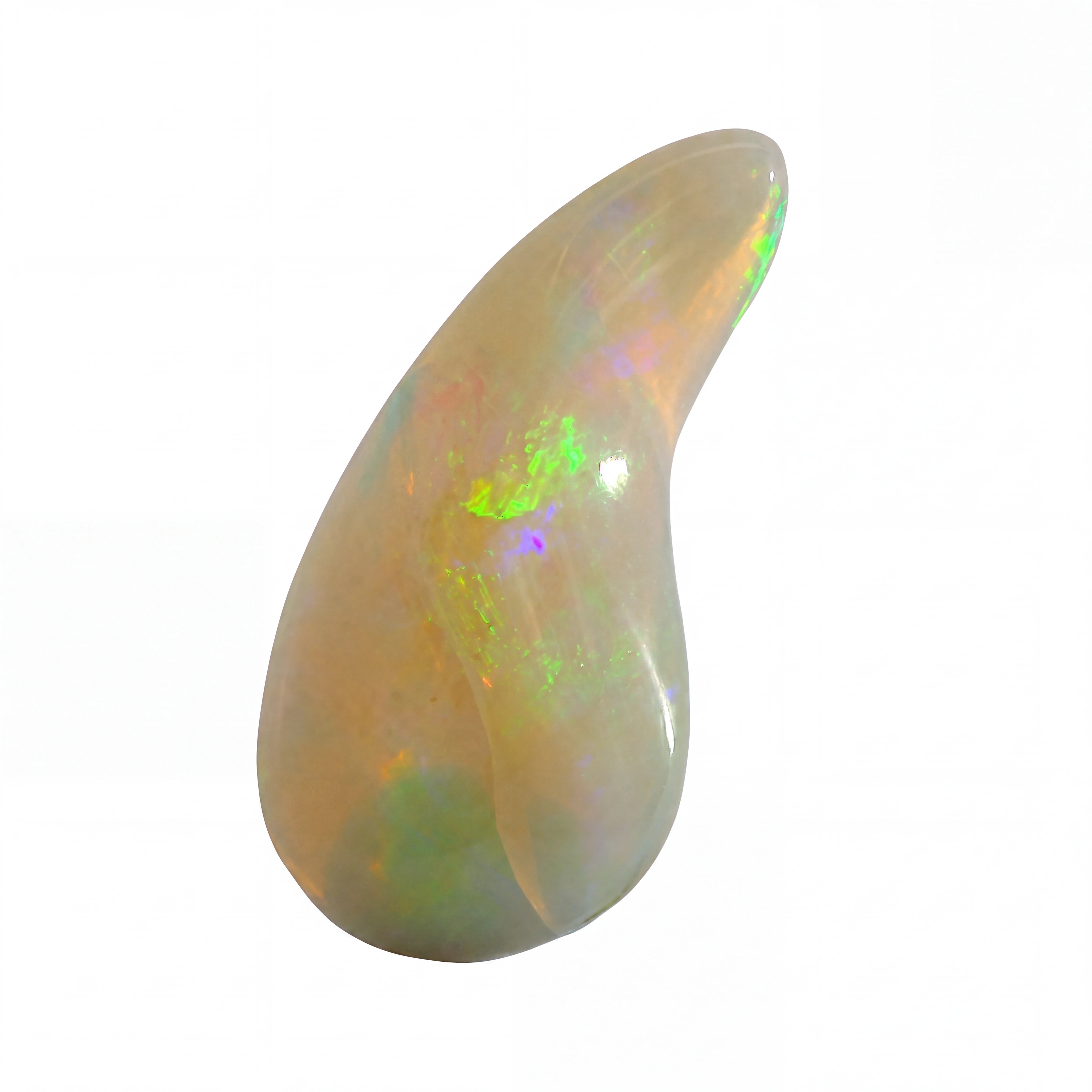 A polished teardrop-shaped opal gemstone with a smooth, curved surface, displaying a pearlescent off-white body with vibrant flashes of green, orange, and purple iridescence, set against a solid white background.