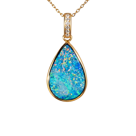 Doublet Opal Pendant in 14K Yellow Gold - Multicolour - Australian Opal Cutters and Pearl Divers