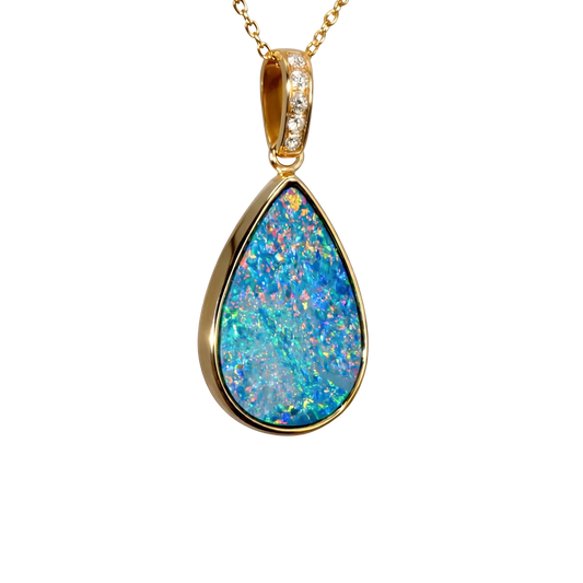 Doublet Opal Pendant in 14K Yellow Gold - Multicolour - Australian Opal Cutters and Pearl Divers