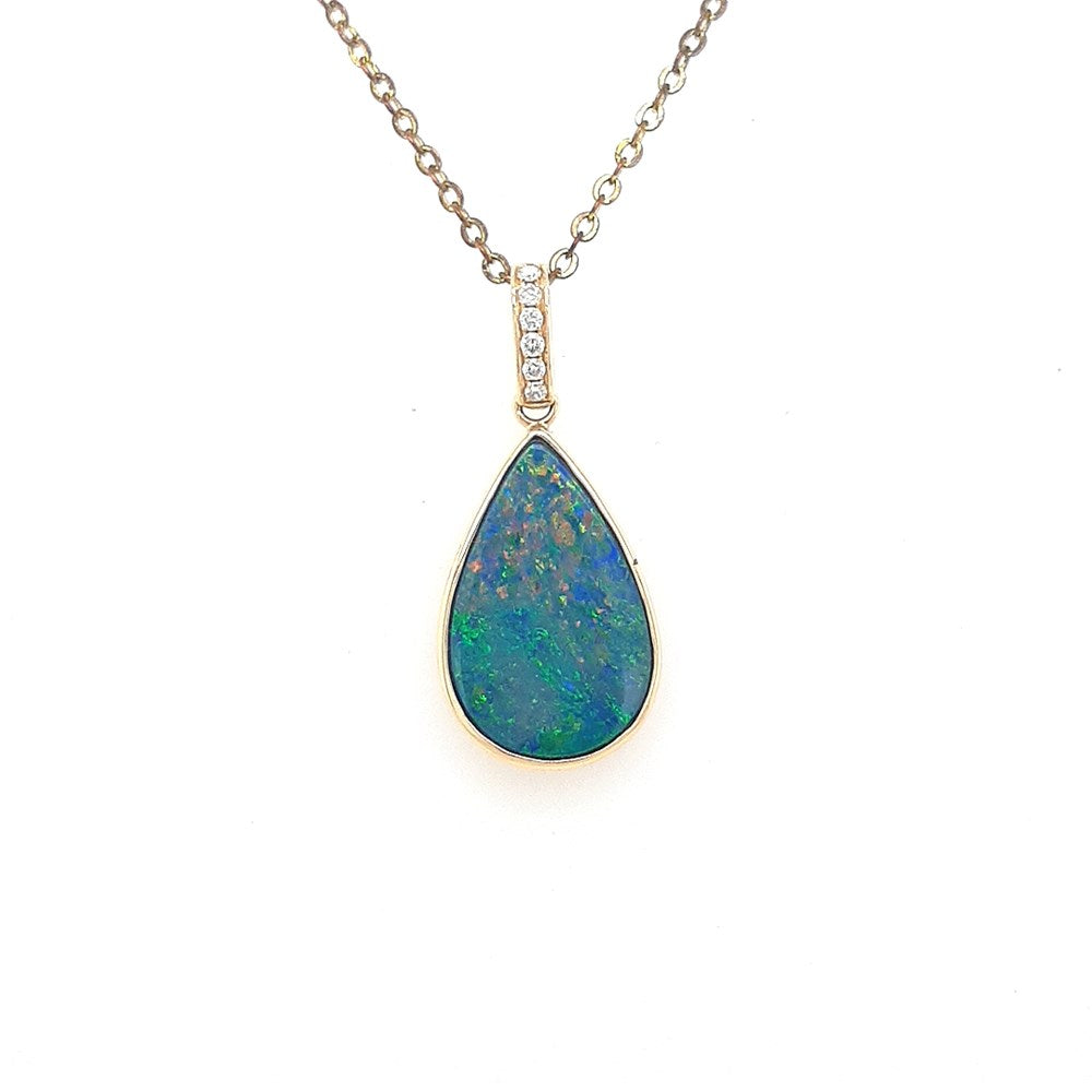 Australian Doublet Opal 6.55ct Pendant set in 14 Karat Yellow Gold with 6 Diamonds TW 0.063ct