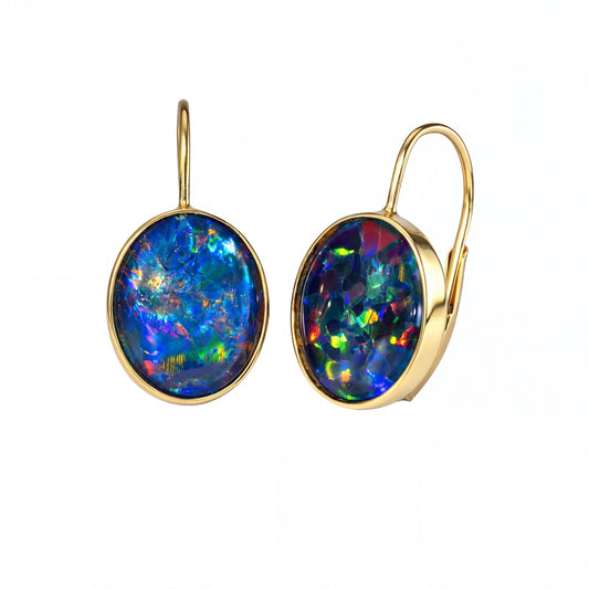 Triplet Opal Earrings in 14K Yellow Gold - Multicolour - Australian Opal Cutters and Pearl Divers