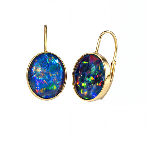 Triplet Opal Earrings in 14K Yellow Gold - Multicolour - Australian Opal Cutters and Pearl Divers
