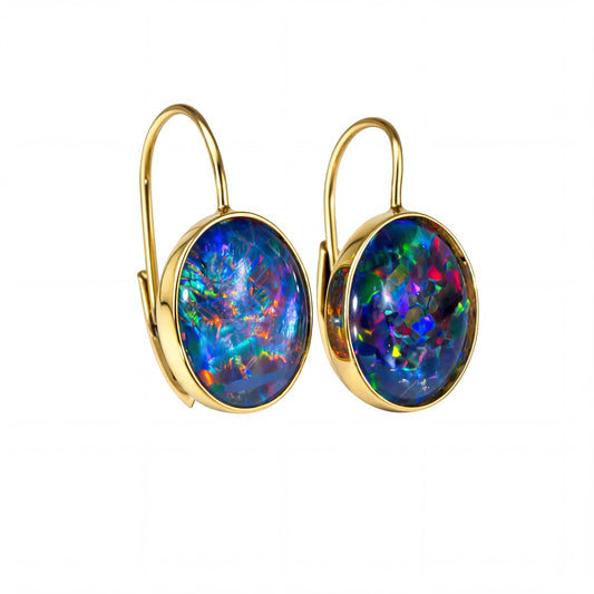Triplet Opal Earrings in 14K Yellow Gold - Multicolour - Australian Opal Cutters and Pearl Divers