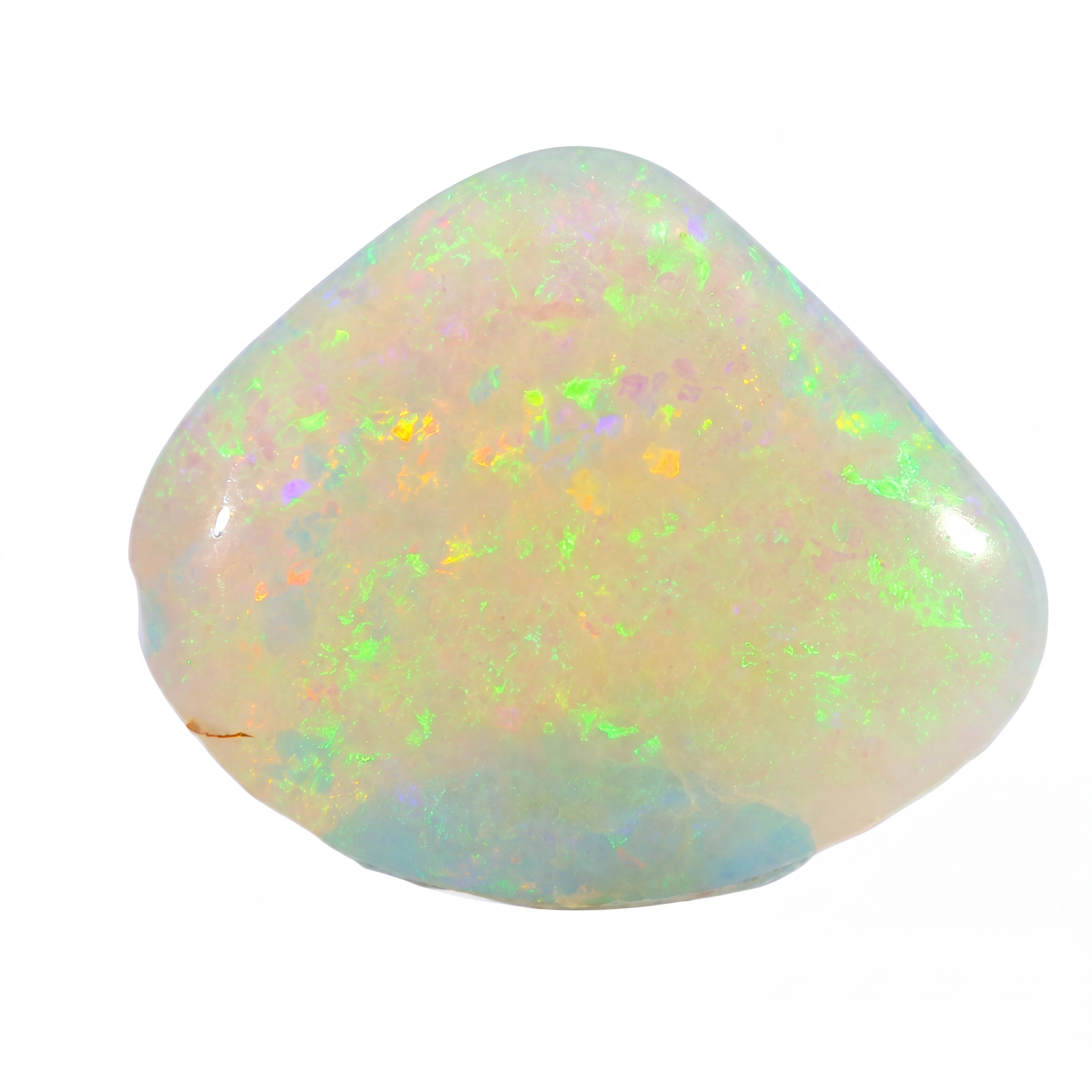 A polished opal gemstone with vibrant iridescent flashes of green, blue, orange, and pink, shown on a solid white background.