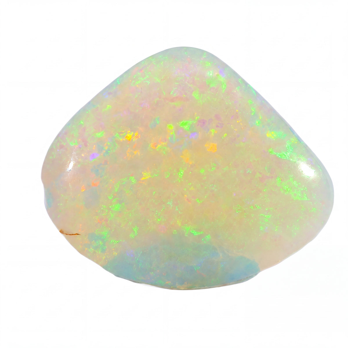 A polished opal gemstone with vibrant iridescent flashes of green, blue, orange, and pink, shown on a solid white background.