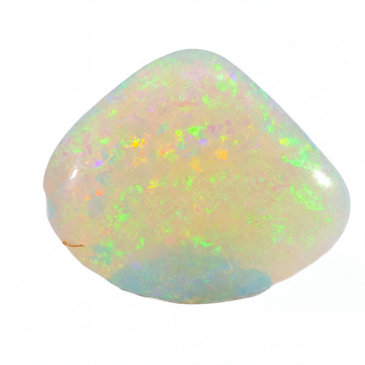 A polished opal gemstone with vibrant iridescent flashes of green, blue, orange, and pink, shown on a solid white background.