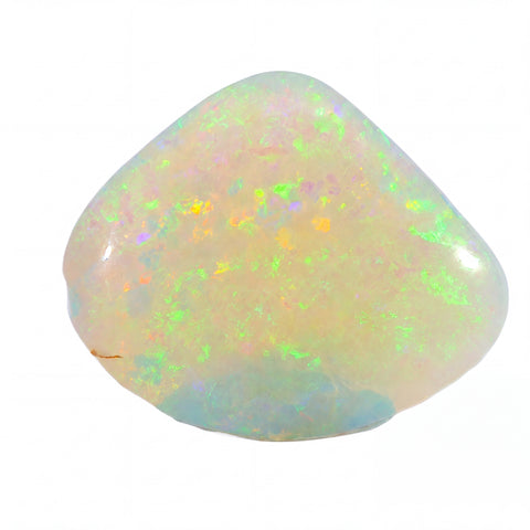 A polished opal gemstone with vibrant iridescent flashes of green, blue, orange, and pink, shown on a solid white background.