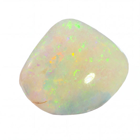 A polished opal gemstone with vibrant iridescent flashes of green, blue, orange, and pink, shown on a solid white background.