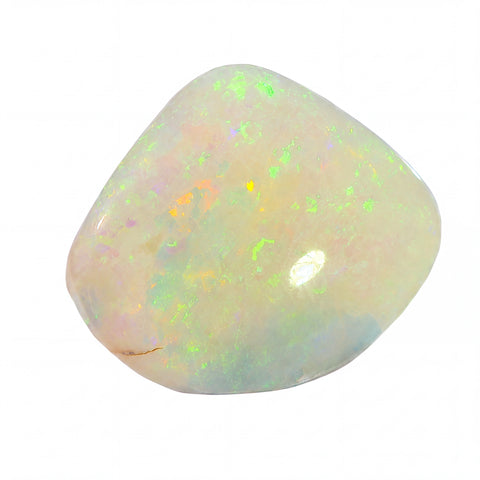 A polished opal gemstone with vibrant iridescent flashes of green, blue, orange, and pink, shown on a solid white background.