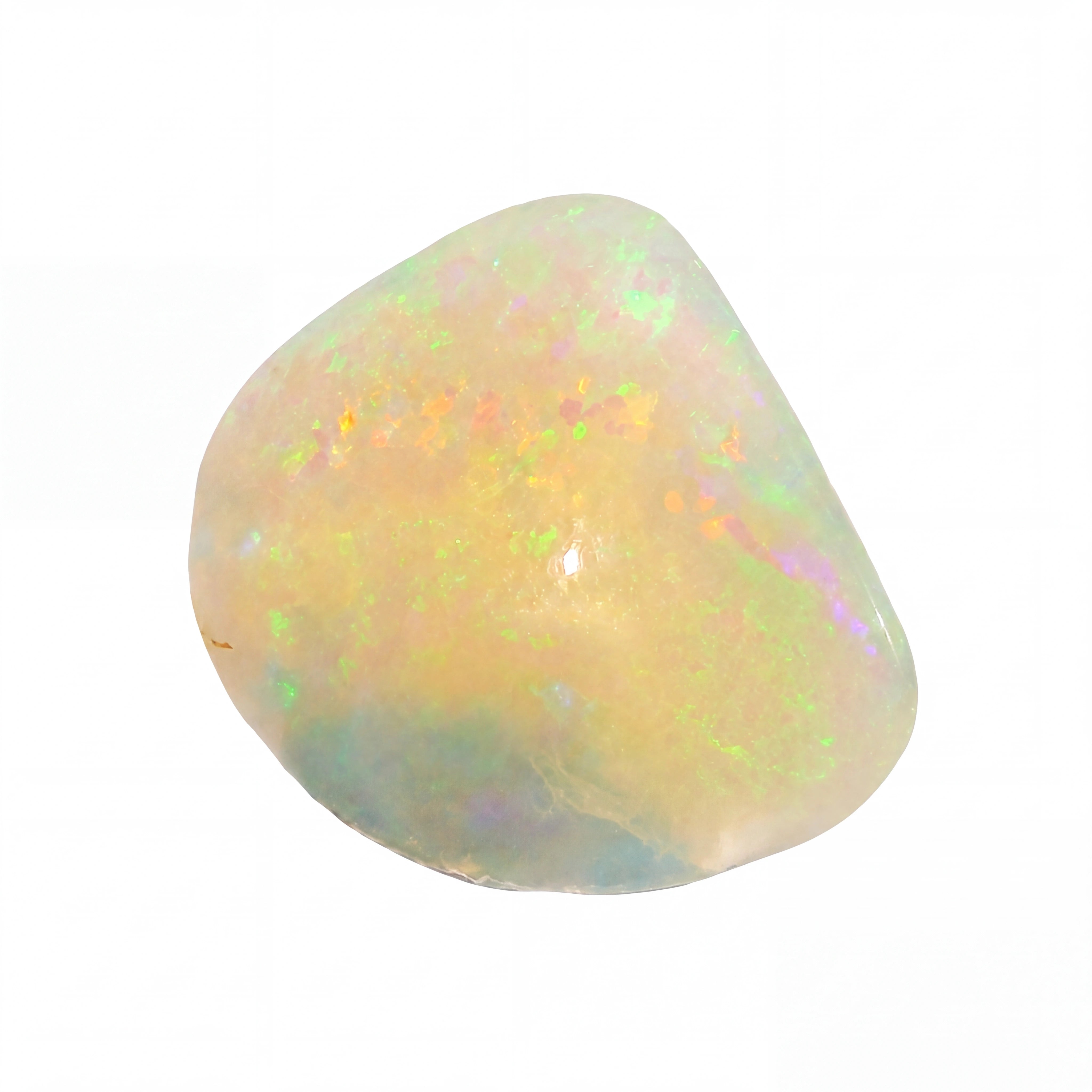 A polished opal gemstone with vibrant iridescent flashes of green, blue, orange, and pink, shown on a solid white background.