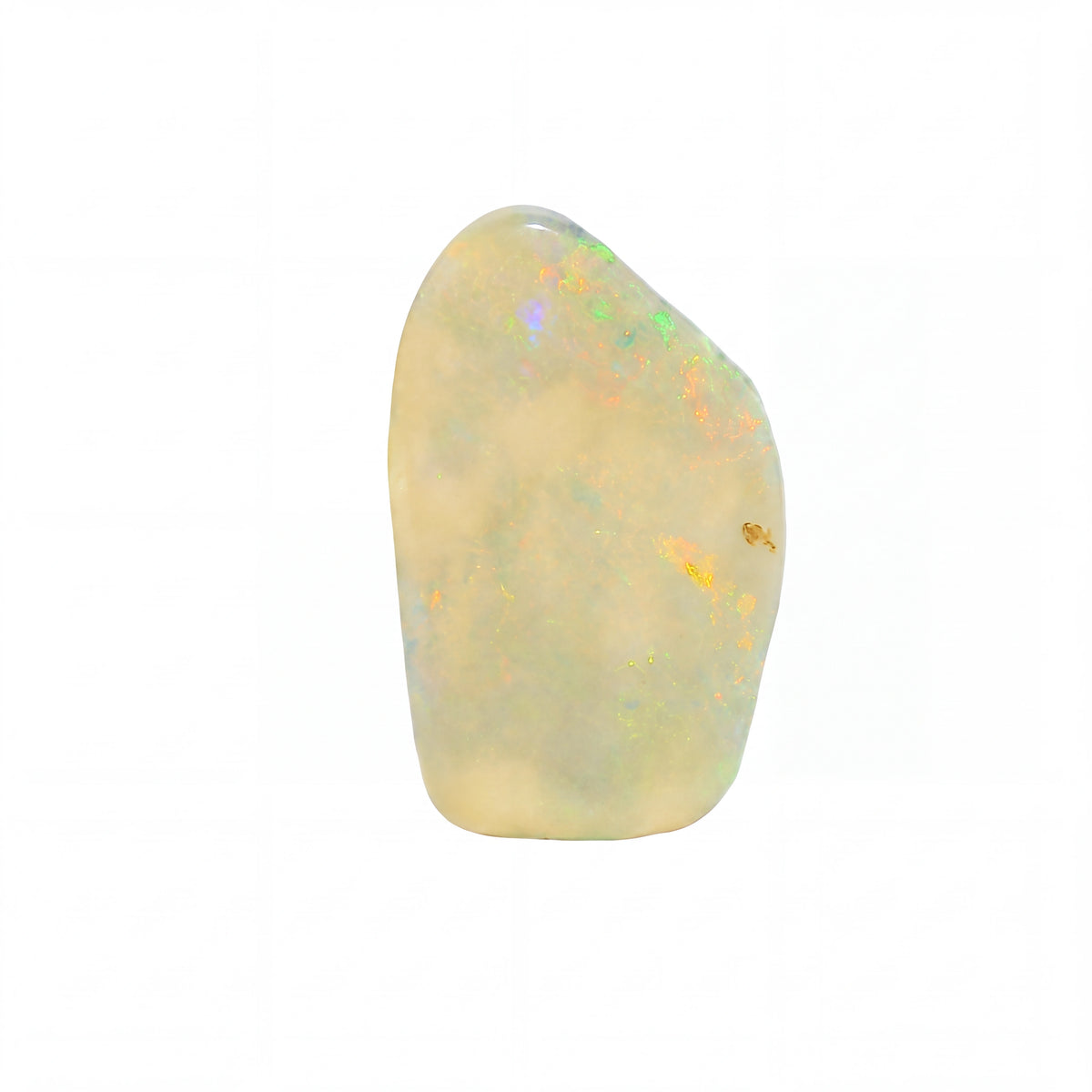 A raw, polished opal stone with a smooth, irregular shape, displaying a creamy off-white base colour with vibrant, fleeting flashes of green, orange, and blue iridescence, set against a solid white background.