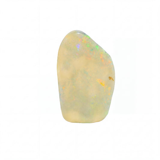 A raw, polished opal stone with a smooth, irregular shape, displaying a creamy off-white base colour with vibrant, fleeting flashes of green, orange, and blue iridescence, set against a solid white background.