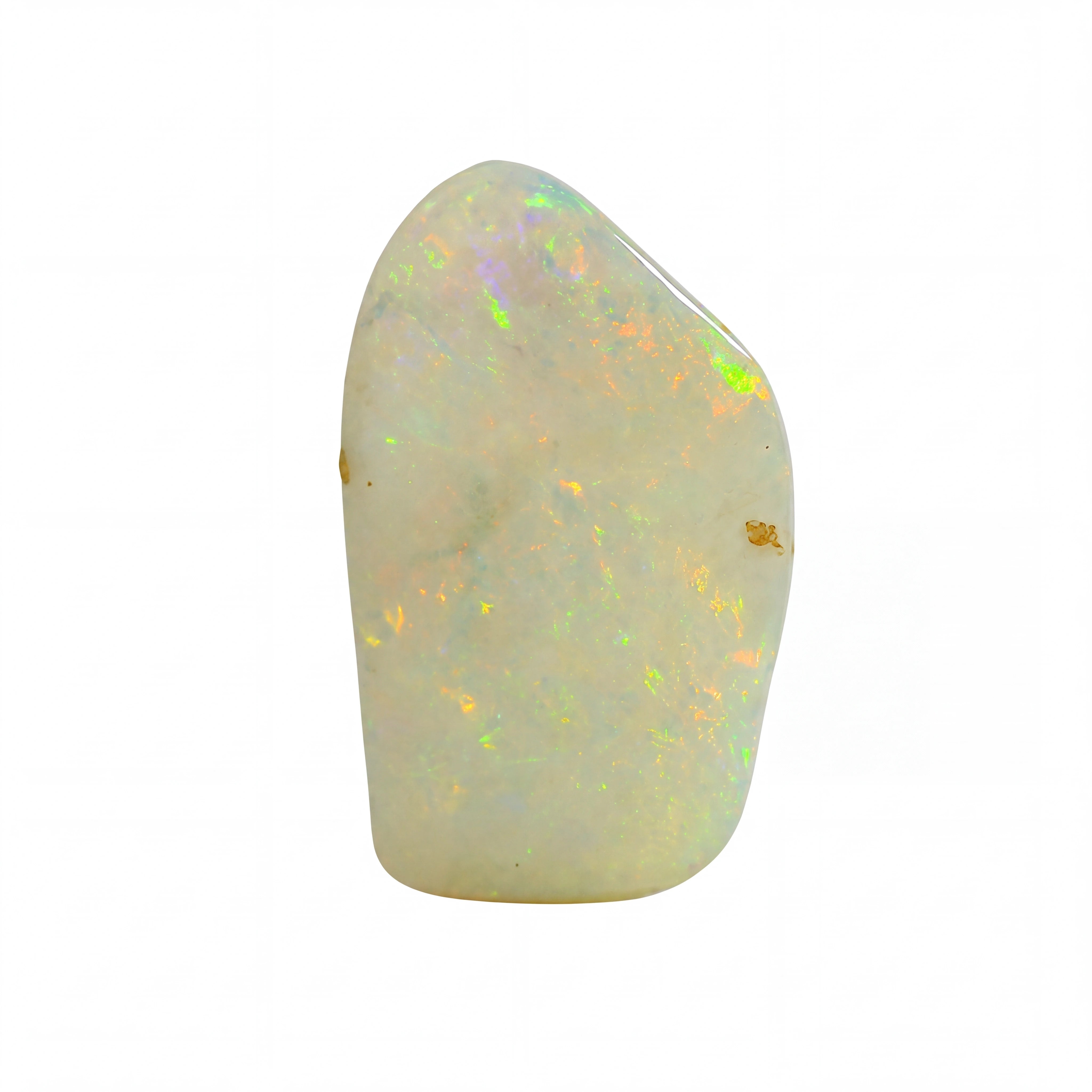 A raw, polished opal stone with a smooth, irregular shape, displaying a creamy off-white base with vibrant, shifting flashes of green, yellow, orange, and purple. Small brown inclusions are visible within the stone, set against a solid white background.