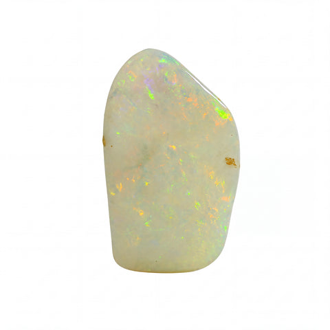 A raw, polished opal stone with a smooth, irregular shape, displaying a creamy off-white base with vibrant, shifting flashes of green, yellow, orange, and purple. Small brown inclusions are visible within the stone, set against a solid white background.