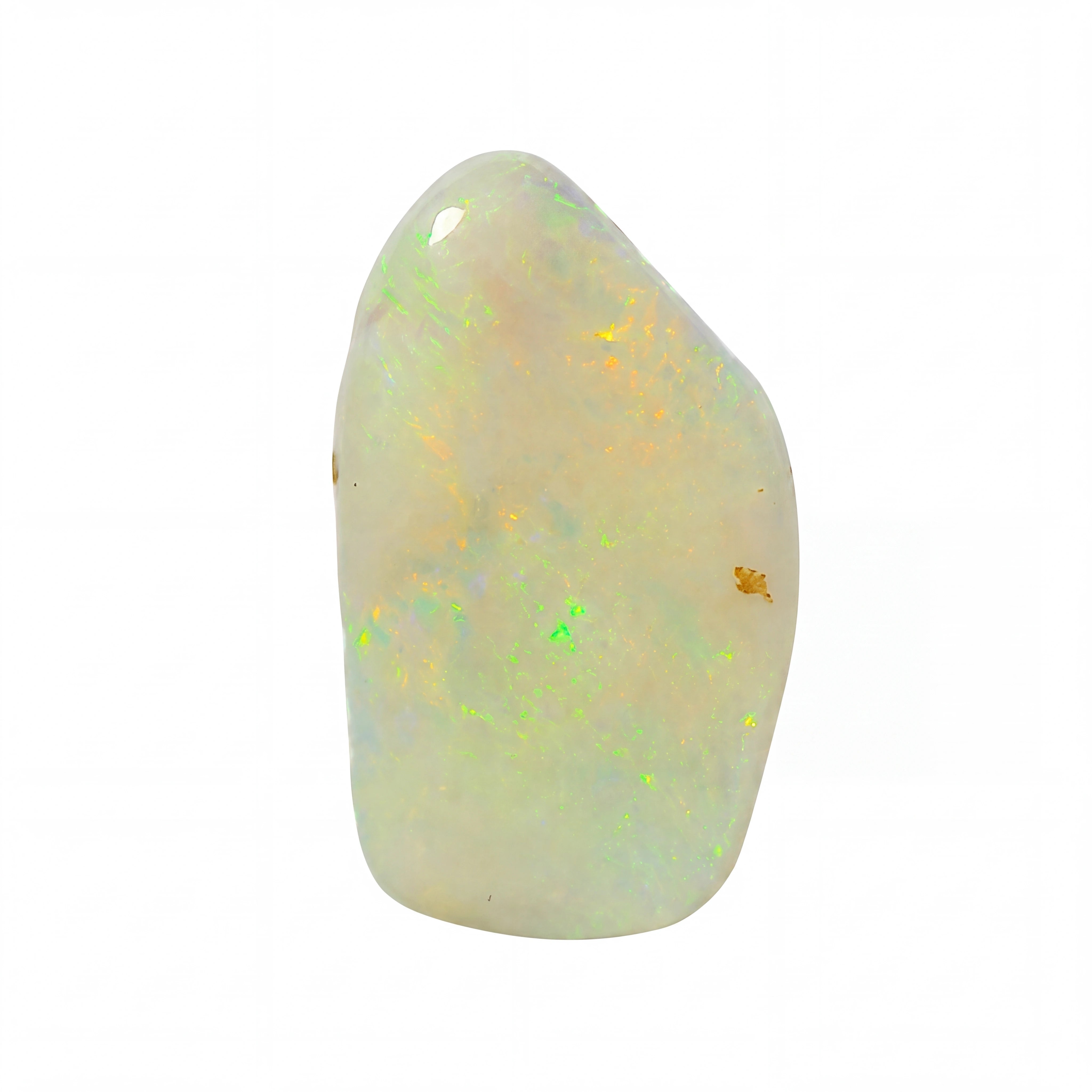 A polished natural opal stone with a smooth, irregular shape, displaying a creamy off-white base with vibrant, shifting flashes of green, yellow, and orange, set against a solid white background.