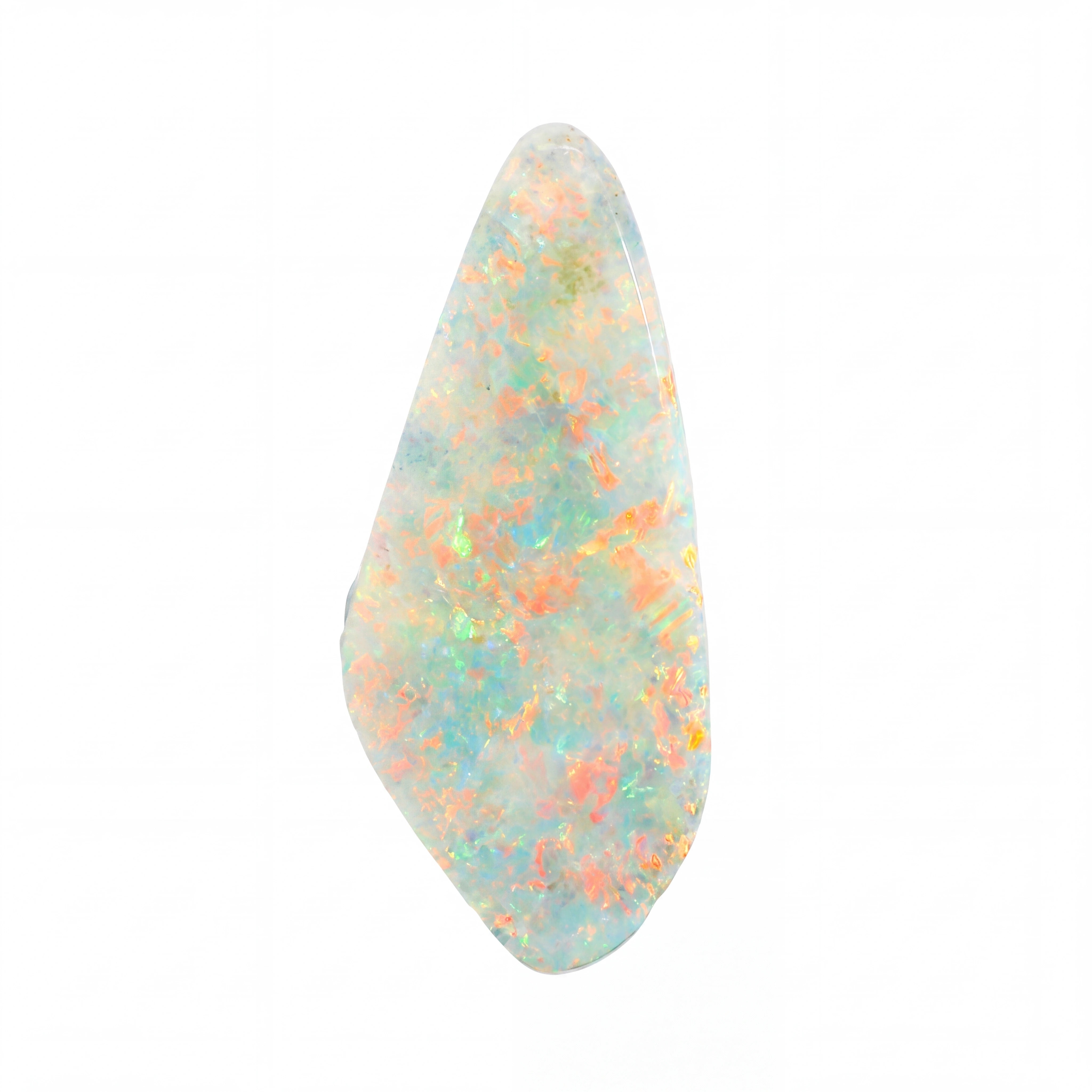 A polished teardrop-shaped opal gemstone displaying a vibrant play-of-colour with swirling patterns of orange, green, blue, and white on a solid white background.
