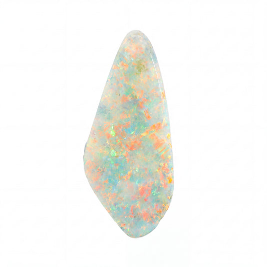 A polished teardrop-shaped opal gemstone displaying a vibrant play-of-colour with swirling patterns of orange, green, blue, and white on a solid white background.