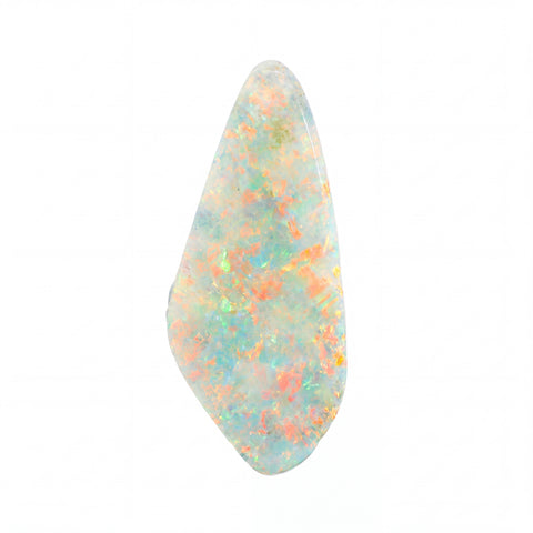 A polished teardrop-shaped opal gemstone displaying a vibrant play-of-colour with swirling patterns of orange, green, blue, and white on a solid white background.