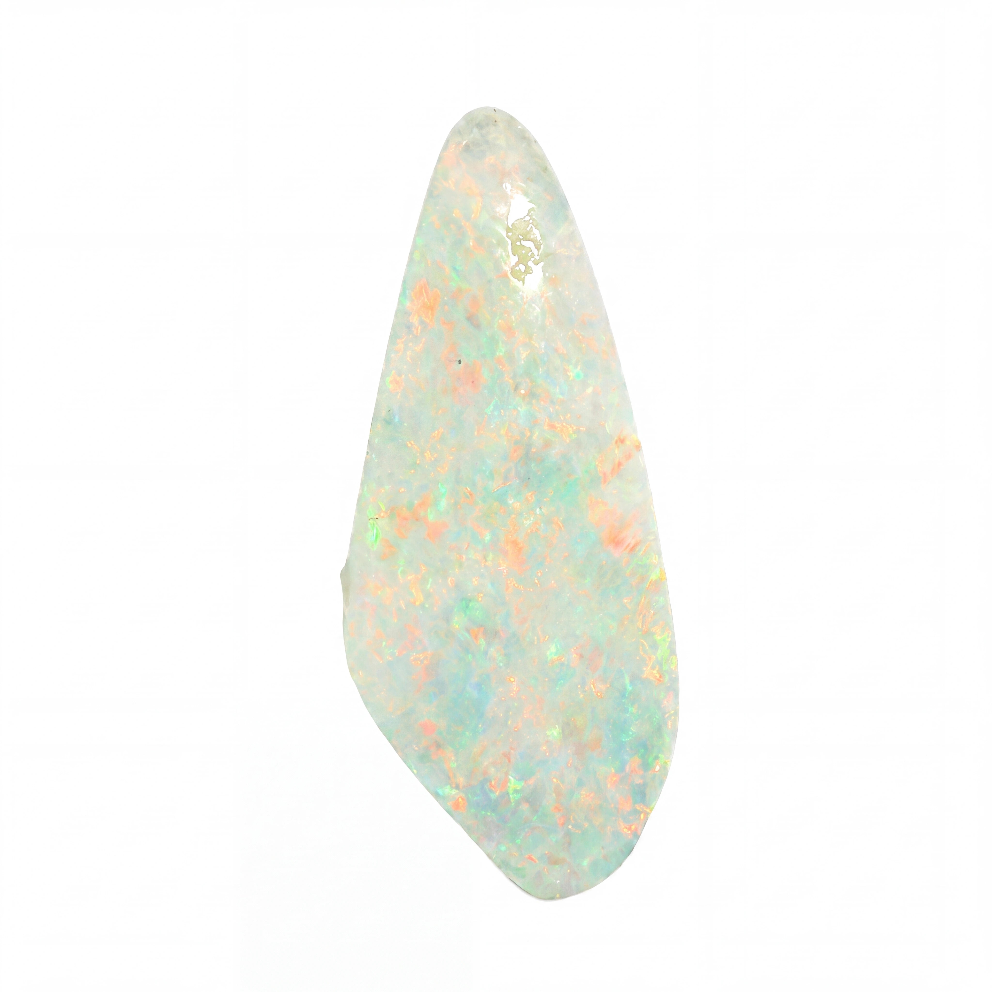 A teardrop-shaped white opal gemstone with iridescent flashes of orange, green, and blue, isolated on a solid white background.