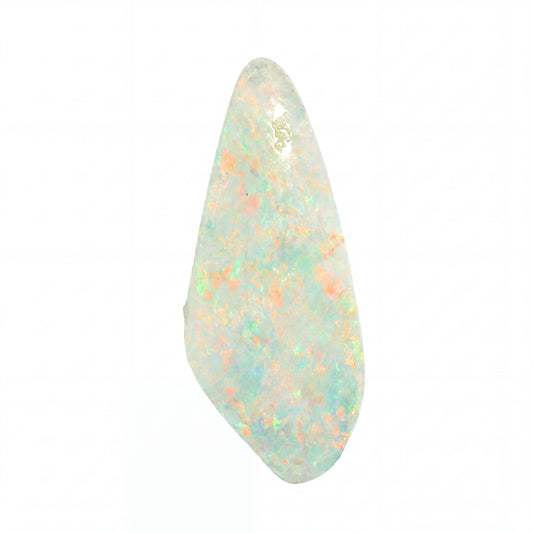 A teardrop-shaped white opal gemstone with iridescent flashes of orange, green, and blue, isolated on a solid white background.