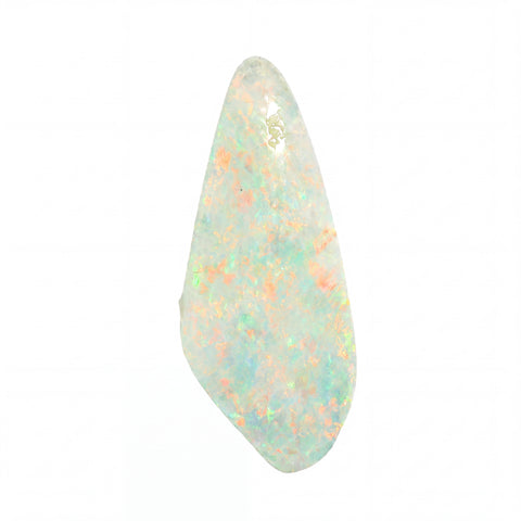 A teardrop-shaped white opal gemstone with iridescent flashes of orange, green, and blue, isolated on a solid white background.