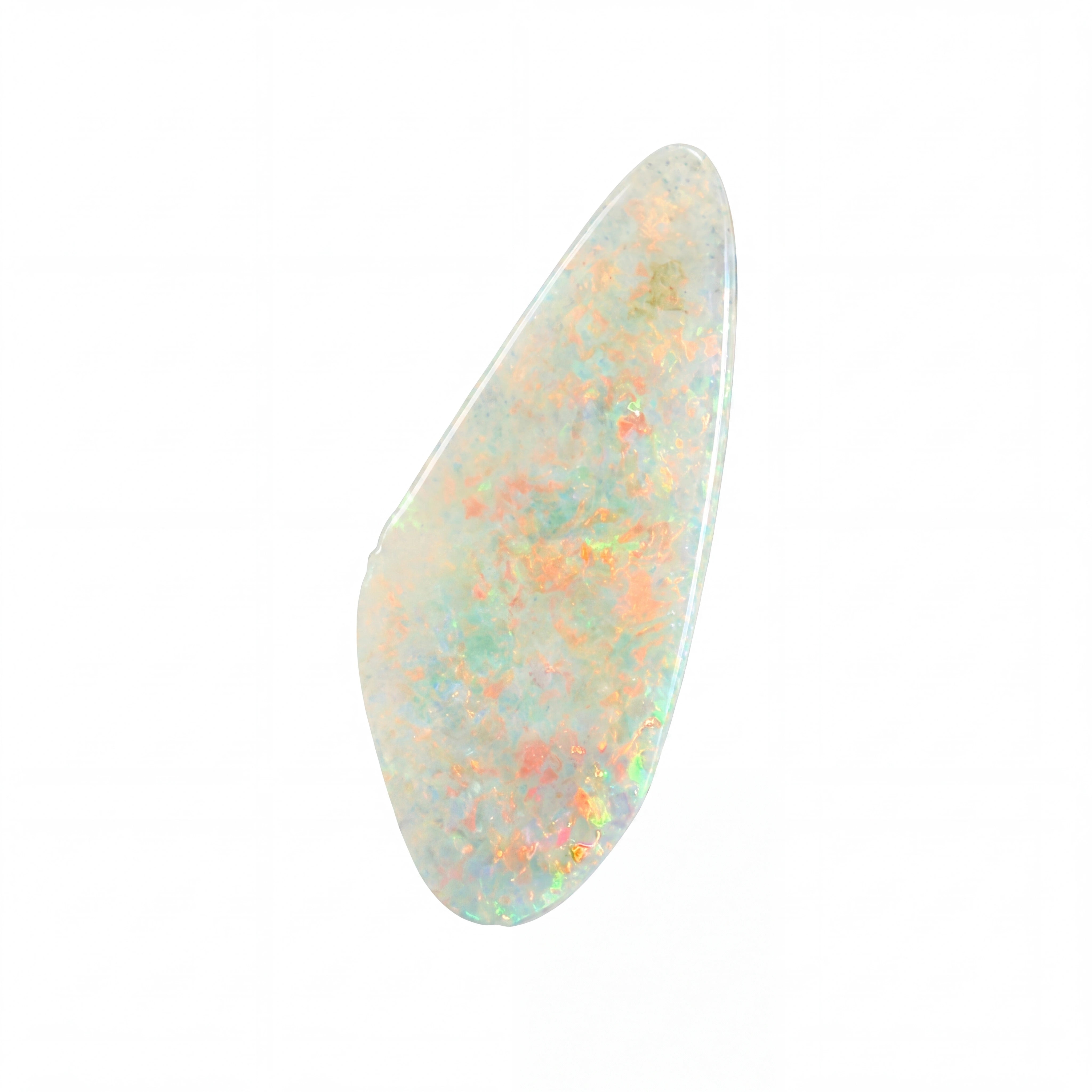 A teardrop-shaped white opal gemstone with vibrant, shifting internal flashes of orange, green, and blue, shown on a solid white background.
