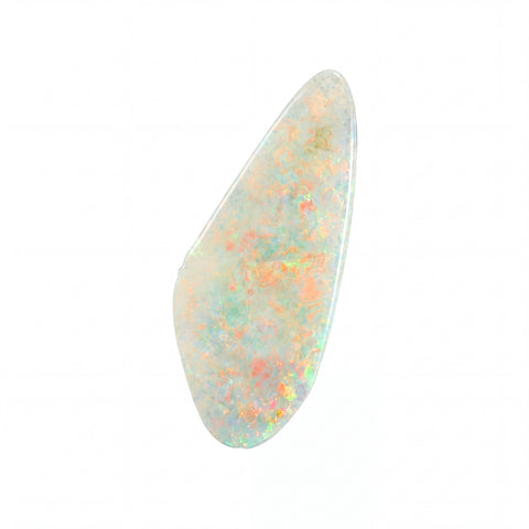 A teardrop-shaped white opal gemstone with vibrant, shifting internal flashes of orange, green, and blue, shown on a solid white background.