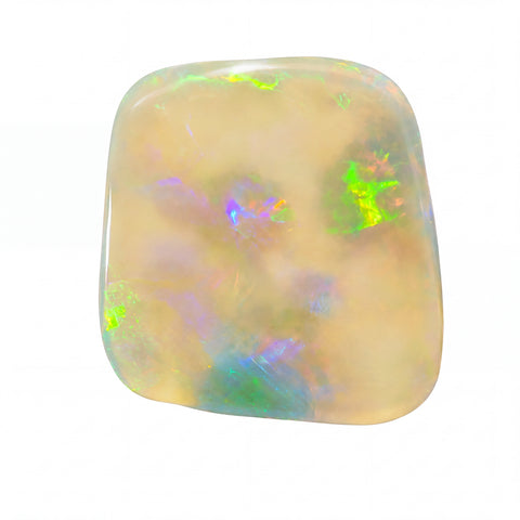 A polished white opal gemstone with vibrant iridescent flashes of green, blue, and purple, displayed on a clean white background.