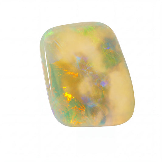 A polished cabochon opal gemstone with a creamy yellow base and vibrant iridescent flashes of green, blue, orange, and purple, shown on a solid white background.