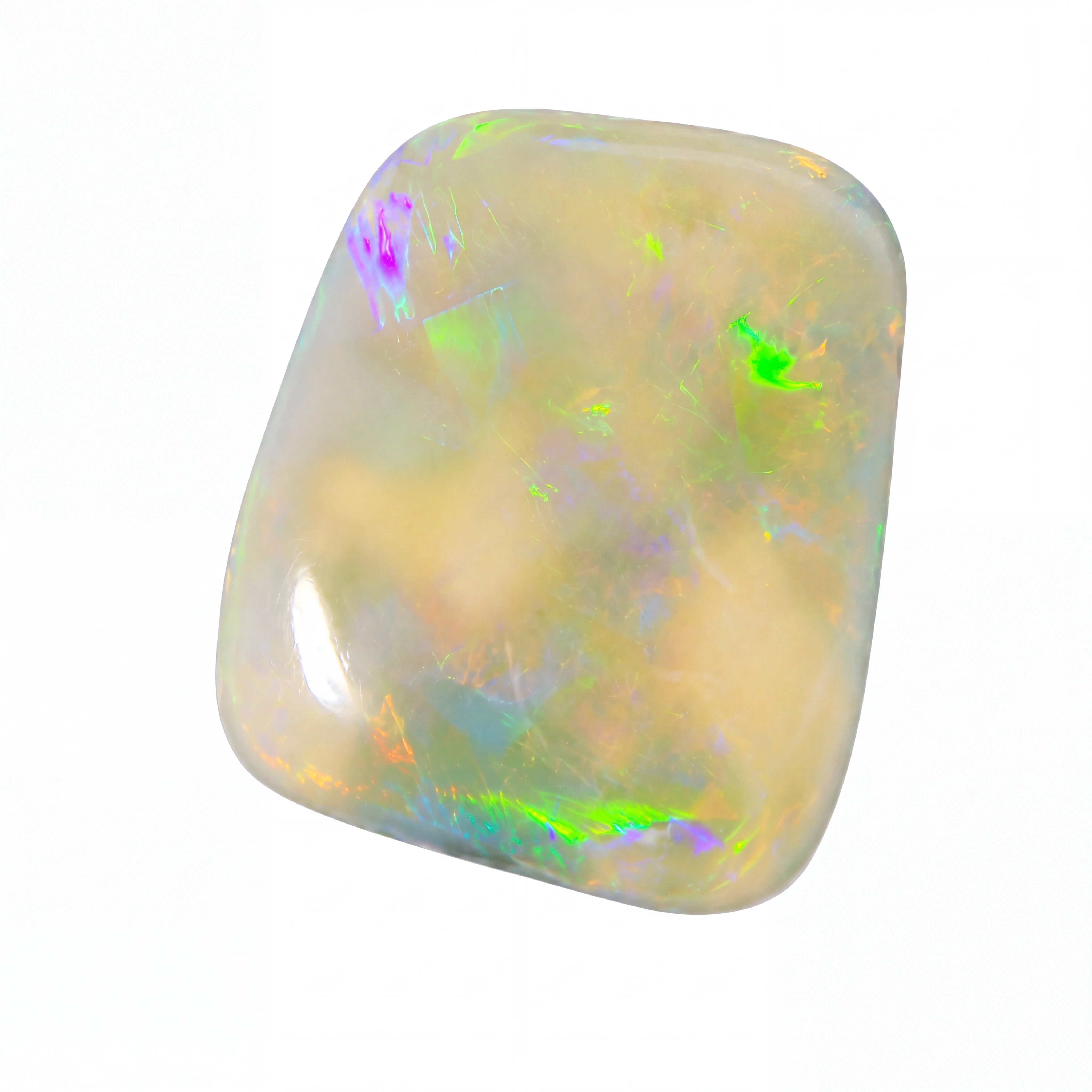 A polished cabochon opal gemstone with a creamy off-white base and vibrant, shifting iridescent flashes of green, purple, and blue, set against a plain white background.