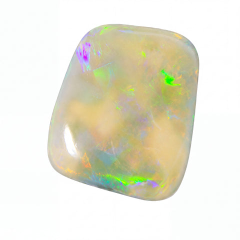 A polished cabochon opal gemstone with a creamy off-white base and vibrant, shifting iridescent flashes of green, purple, and blue, set against a plain white background.