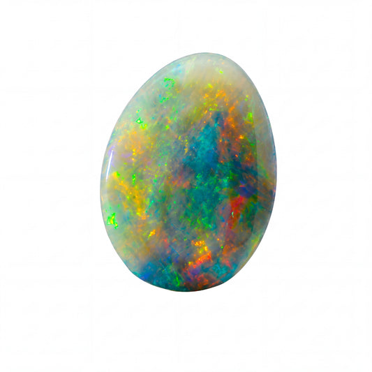 A polished oval opal gemstone displaying a vibrant play-of-colour with blue, green, orange, and yellow flashes on a white background.