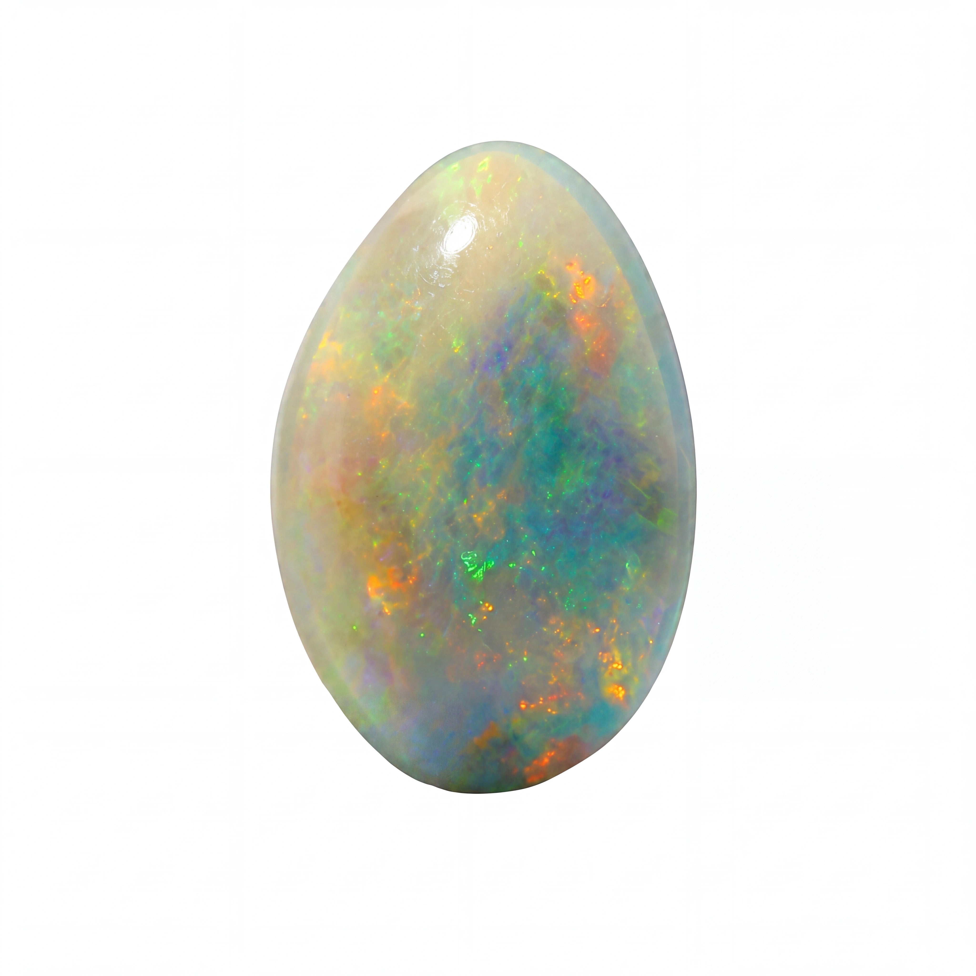 A polished teardrop-shaped cabochon opal gemstone displaying a vibrant play-of-colour with flashes of orange, green, blue, and white on a clean white background.