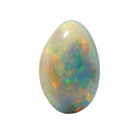 A polished teardrop-shaped cabochon opal gemstone displaying a vibrant play-of-colour with flashes of orange, green, blue, and white on a clean white background.