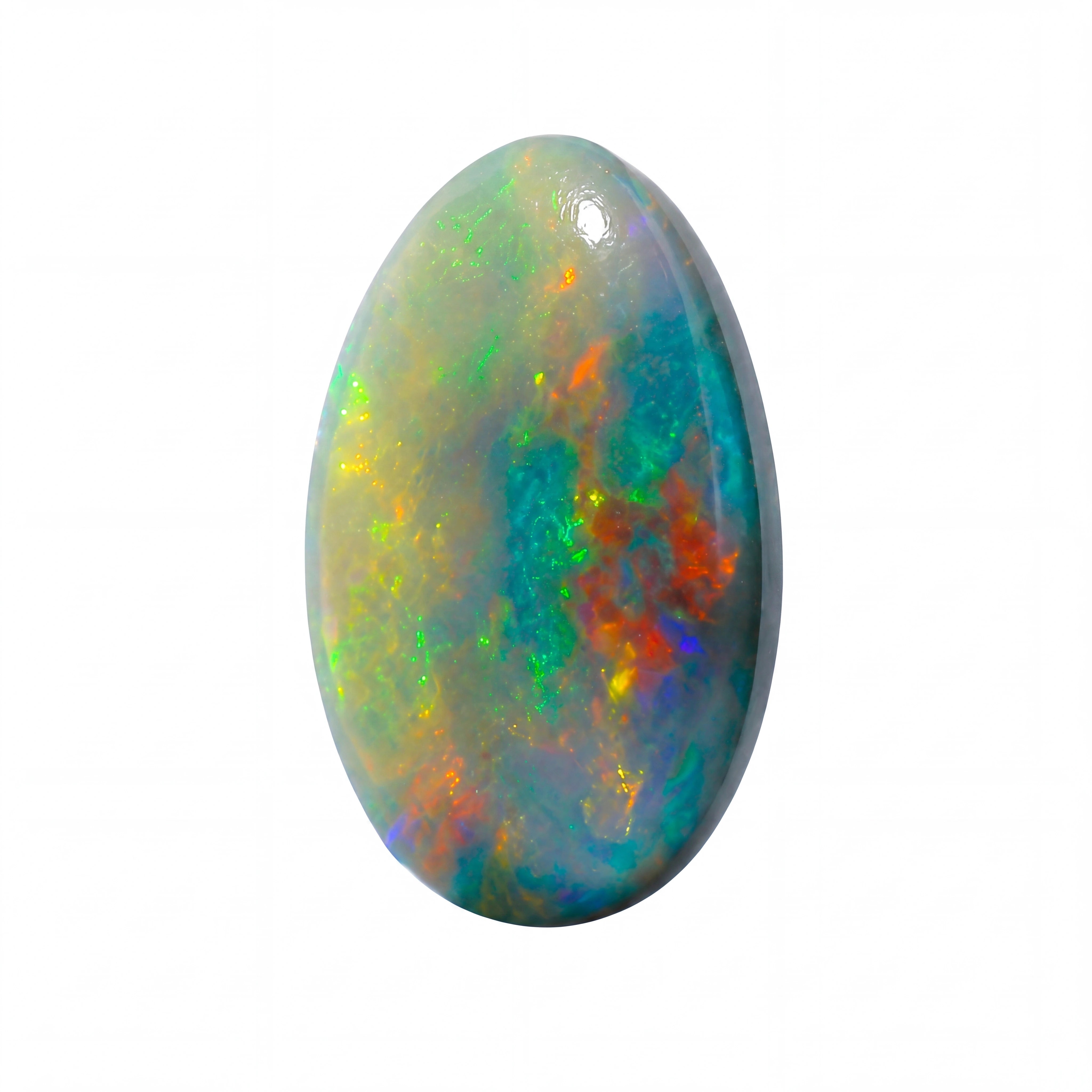 A polished oval cabochon opal gemstone displaying a vibrant play-of-colour with blue, green, orange, and yellow iridescent flashes on a white background.