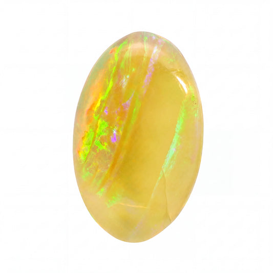 A polished oval cabochon gemstone featuring a warm yellow body with vibrant iridescent flashes of green, orange, and pink, set against a plain white background.