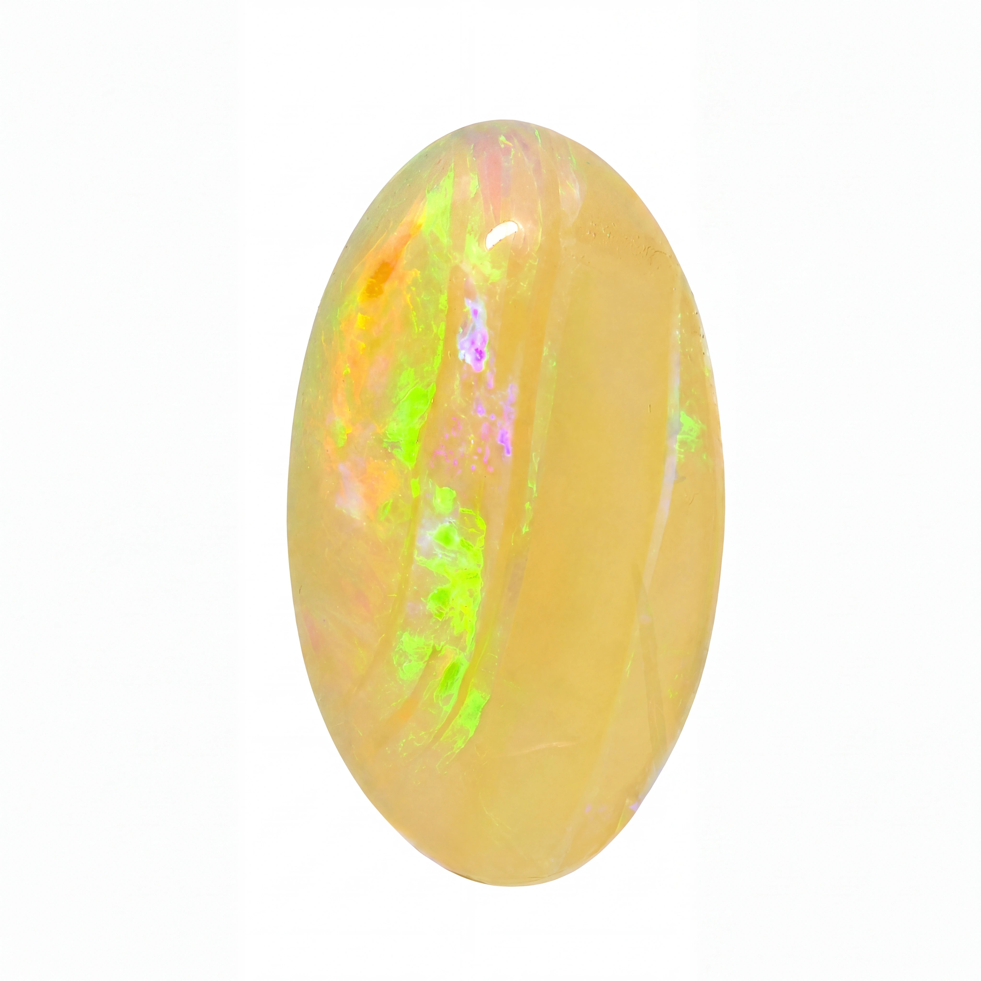 A polished oval cabochon gemstone with a warm golden-yellow base and vibrant iridescent flashes of green, orange, and purple, set against a plain white background.