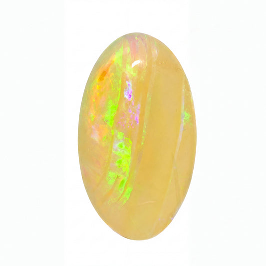 A polished oval cabochon gemstone with a warm golden-yellow base and vibrant iridescent flashes of green, orange, and purple, set against a plain white background.