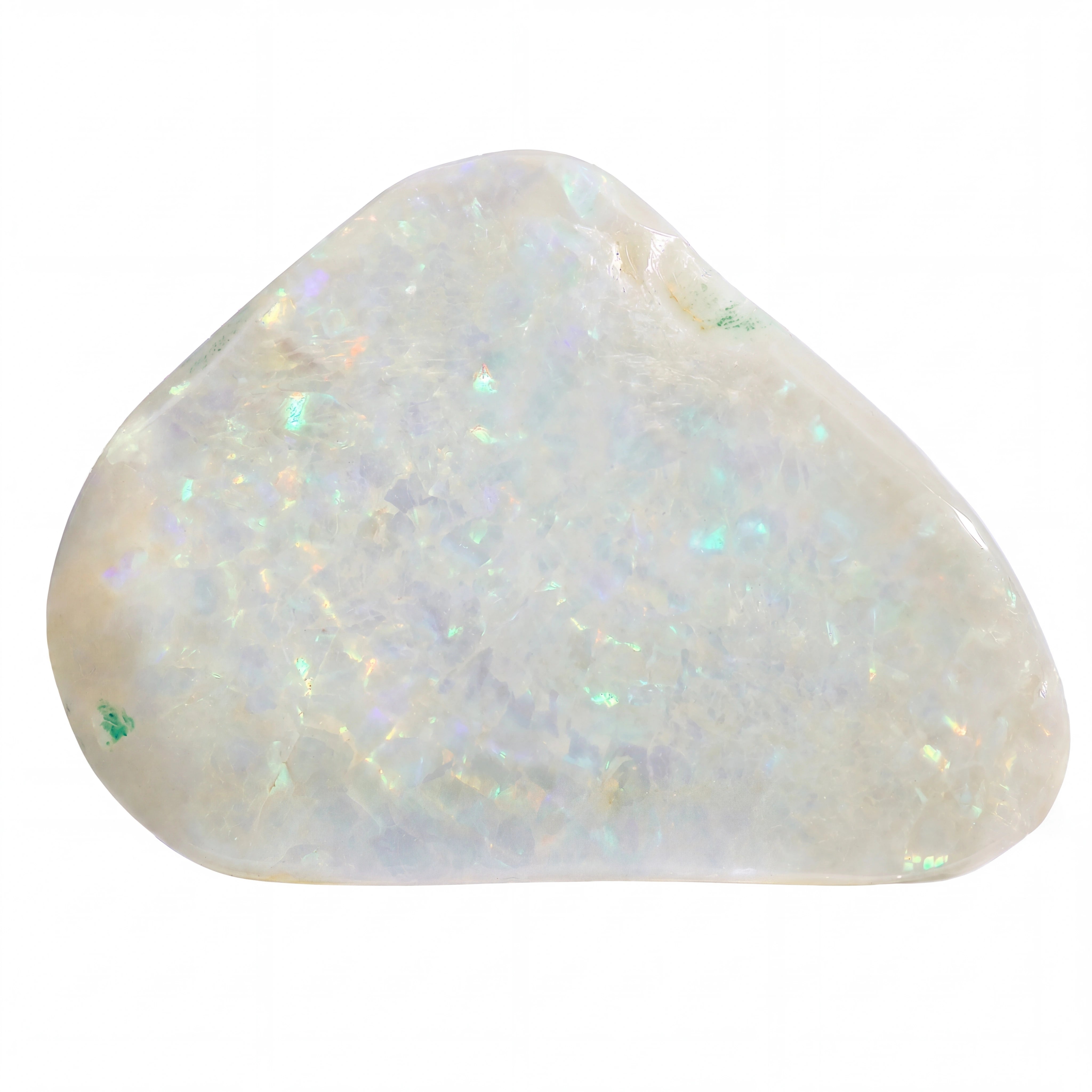 A polished, irregular-shaped white opal gemstone with vibrant iridescent flashes of blue, green, and pink, displayed on a clean white background.