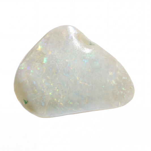 A polished, irregular-shaped white opal gemstone with iridescent flashes of green, blue, and gold, displayed on a clean white background.