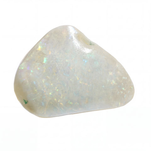 A polished, irregular-shaped white opal gemstone with iridescent flashes of green, blue, and gold, displayed on a clean white background.