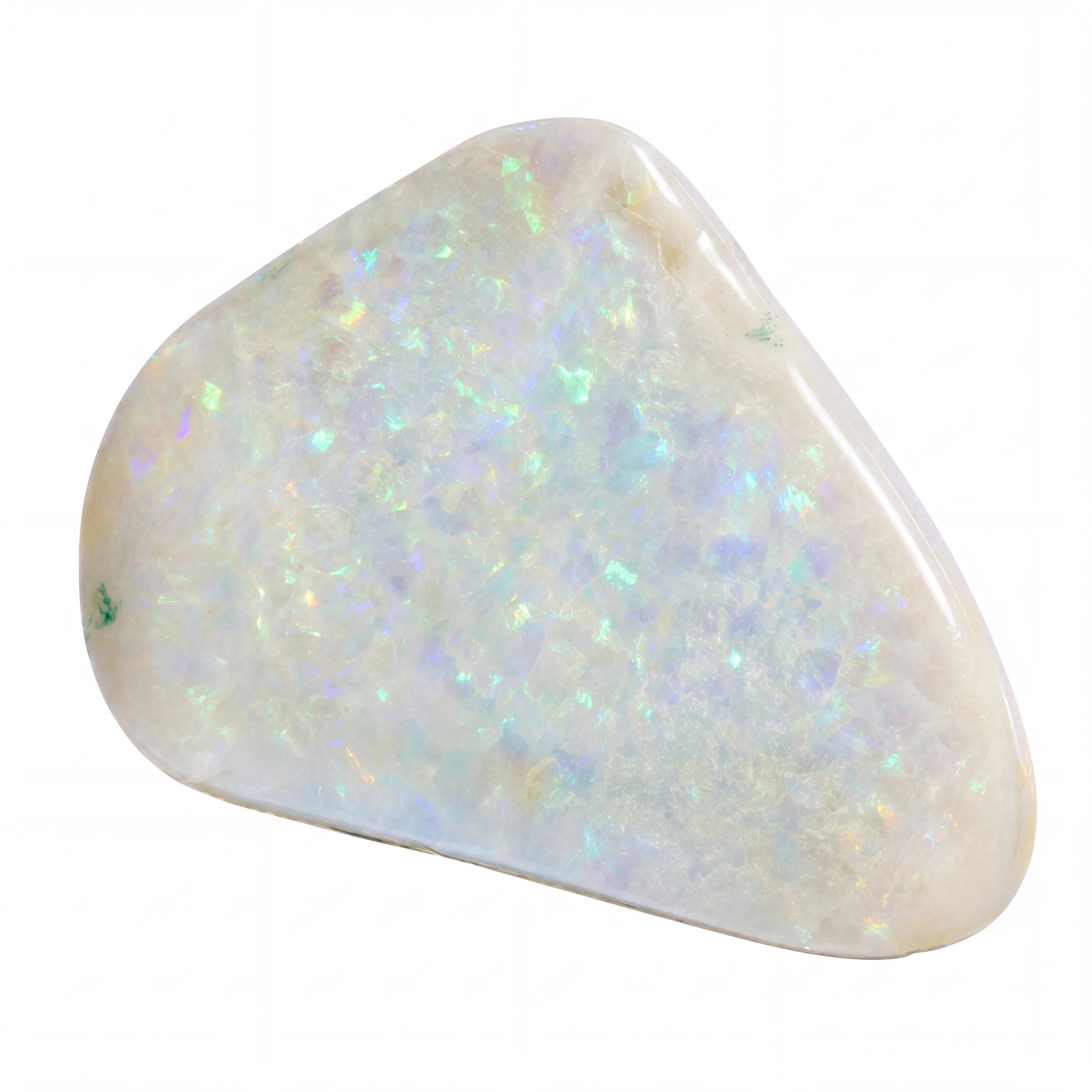 A polished, irregularly shaped white opal gemstone with vibrant iridescent flashes of green, blue, and pink, set against a plain white background.