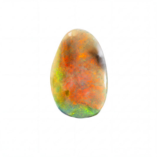 A polished teardrop-shaped opal gemstone displaying vibrant orange, green, and blue iridescent colors on a solid white background.